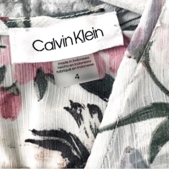 NEW Calvin Klein Flounce Sleeve Dress Ruffle Hem Floral White Lilac Pink Size 4 - Picture 4 of 13